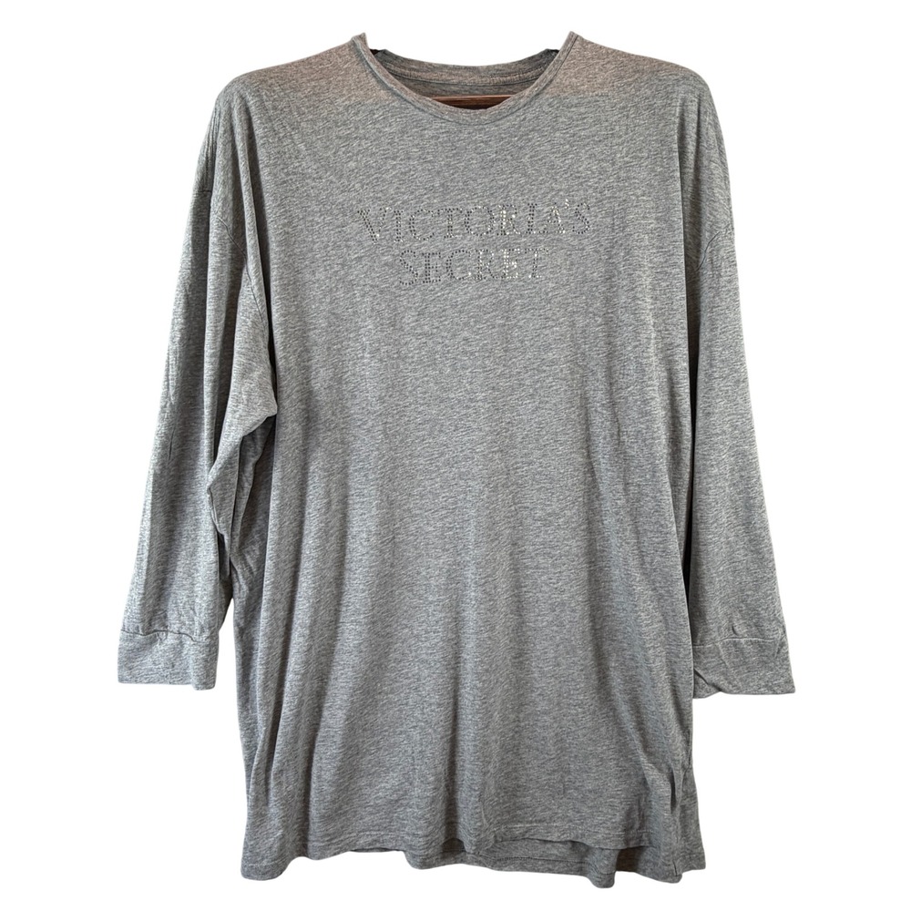 Victoria's Secret Gray Rhinestone Logo Sleep Shirt M/L Cotton Lounge Nightshirt